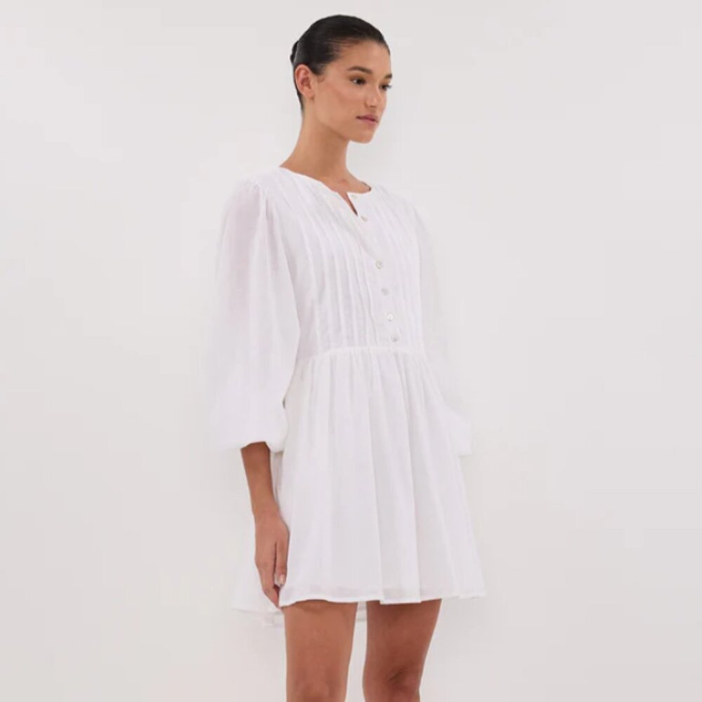 NWT DISSH - LARS WHITE BUTTON SLEEEVED LINEN MINI DRESS -